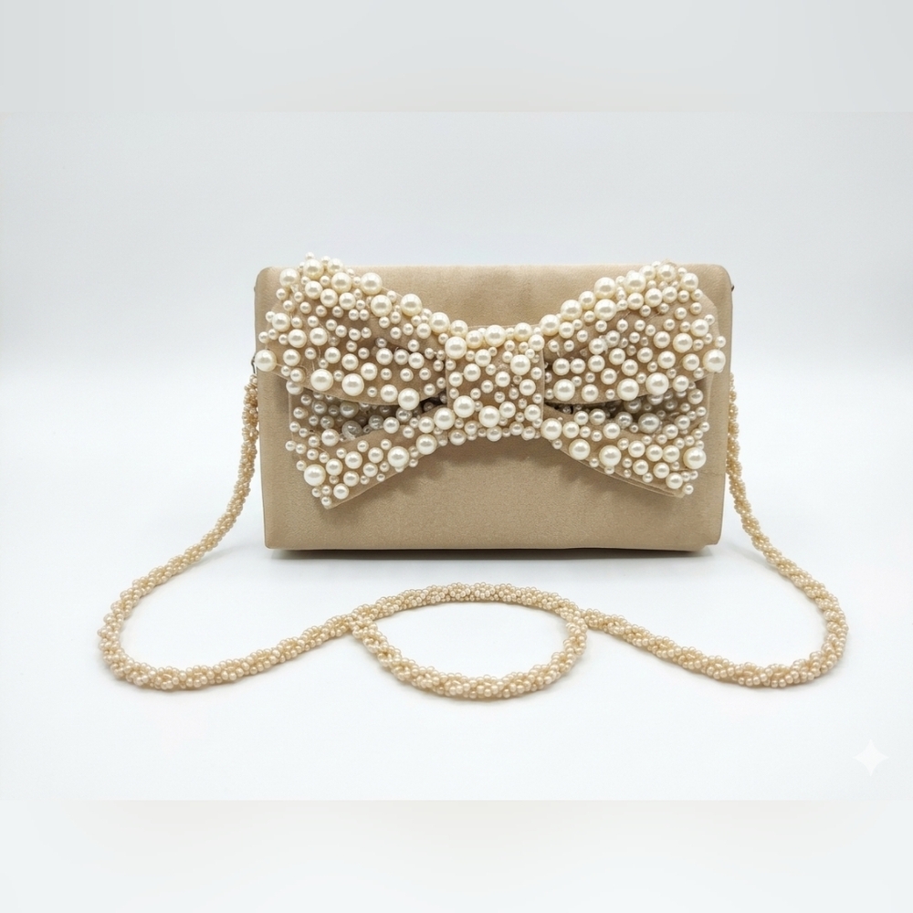 Nina Champagne Satin Pearl Bow Evening‎ Clutch Bag Wedding Bridal Formal Euc
